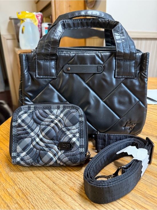 lug Handbags - Lug Jitterbug in Metallic Black with Lug Splits Wallet and Crossbody Strap.